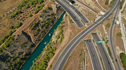 Aerial photo taken by drone of Corinth Canal of Isthmos or Isthmus connecting mainland with Peloponnese, Greece