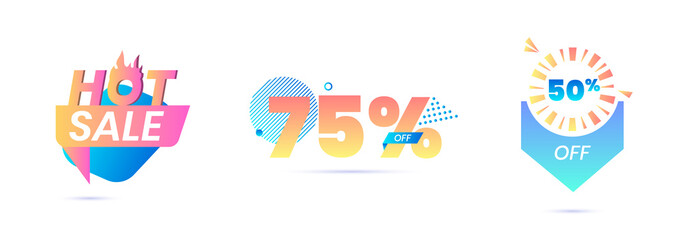 Hot Sale Banners Set. Tags Icons Signs with Creative Colorful Typography, Offer Cards or Logo. Design Elements for Social Media Off, Advertising Promo or Print Templates. Cartoon Vector Illustration