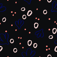 Abstract seamless texture with hand drawn ink shapes. Vector pattern with different elements, dots, circles.