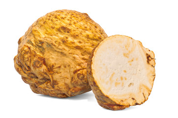 Celery root and its cross-section 3d rendering with realistic texture