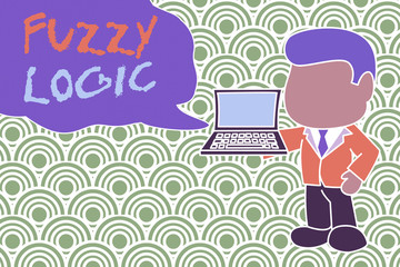 Conceptual hand writing showing Fuzzy Logic. Concept meaning checks for extent of dirt and grease amount of soap and water Standing businessman holding open laptop right hand side