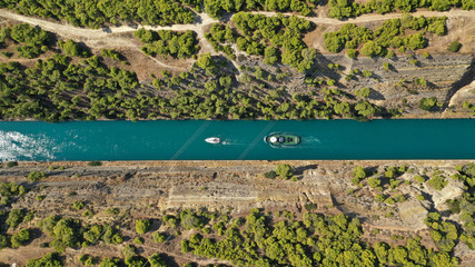 Aerial photo taken by drone of Corinth Canal of Isthmos or Isthmus connecting mainland with...