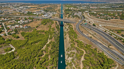 Aerial photo taken by drone of Corinth Canal of Isthmos or Isthmus connecting mainland with...