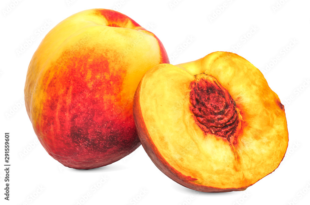 Poster nectarine fruit and its cross-section 3d rendering with realistic texture