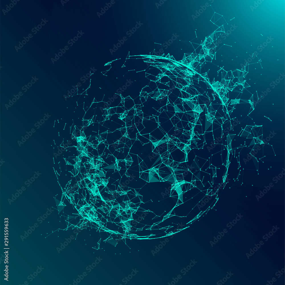 Poster Abstract geometric 3d sphere made of points and lines. Futuristic technology style.