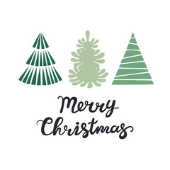 Christmas Greeting Card with trees. Merry Christmas lettering.