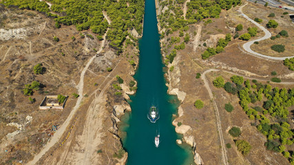 Aerial photo taken by drone of Corinth Canal of Isthmos or Isthmus connecting mainland with...