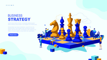 Trendy flat illustration. Business strategy page concept. Teamwork and competition. Chess game. Chess pieces. Template for your design works. Vector graphics.