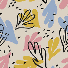 Naklejka premium Beautiful abstract texture with hand drawn leaves shapes. Vector seamless pattern with Ink Shapes and Outlines. Abstract artistic background.