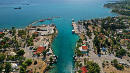 Aerial photo taken by drone of Corinth Canal of Isthmos or Isthmus connecting mainland with Peloponnese, Greece