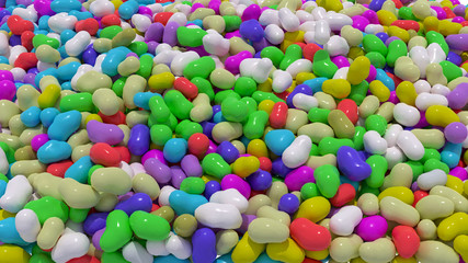 Fototapeta na wymiar Scattered multi-colored jelly beans. Candy background image. 3D Rendering.