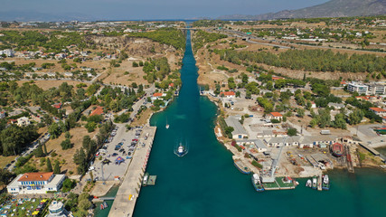 Aerial photo taken by drone of Corinth Canal of Isthmos or Isthmus connecting mainland with...