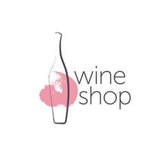 Vector wine logo with hand drawn textured bottle and wine stain elements design isolated on white background. For winery insignia, degustation hall emblem, wine shop badge, wine label, sticker etc.