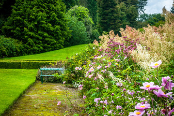 Old wooden garden seat, summertime, surrounded by colourful flowers in full bloom beside a manicured green lawn, large green trees in the background.