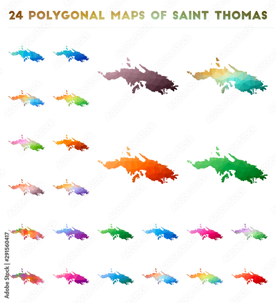 Poster Set of vector polygonal maps of Saint Thomas. Bright gradient map of island in low poly style. Multicolored Saint Thomas map in geometric style for your infographics.