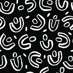 Beautiful abstract texture with cute rounded shapes. Vector seamless pattern with ink shapes, dots and brush strokes. Modern background.