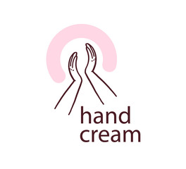 Vector hand skin care logo design concept with human lady hands illustration icon in hand drawn style isolated on light background. Hand cream emblem, moisturizer packaging badge, body care etc.