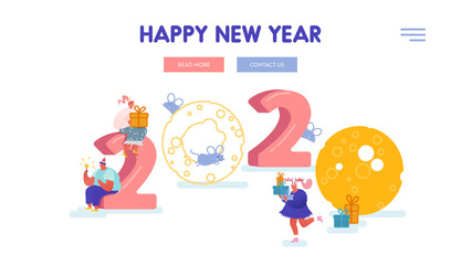 Christmas and Happy New Year greeting card with people characters with 2020 year for web design, banner, mobile app, landing page. Celebration, party, winter holidays. Vector illustration