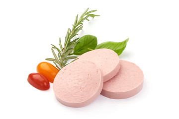 Sliced boiled pork sausage, isolated on white background