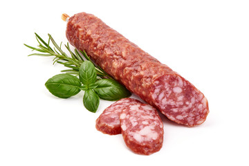 Smoked pork Sausage, Dry-cured meat, isolated on white background