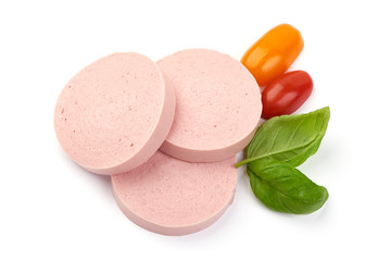 Sliced fresh boiled pork sausage, isolated on white background