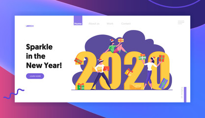 Obraz na płótnie Canvas Winter Season Holidays Website Landing Page. Tiny Business People Colleagues Celebrate New Year Corporate Party Near Giant 2020 Number with Gift Boxes Web Page Banner. Cartoon Flat Vector Illustration