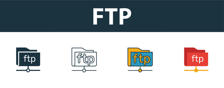 Ftp icon set. Four simple symbols in diferent styles from web hosting icons collection. Creative ftp icons filled, outline, colored and flat symbols