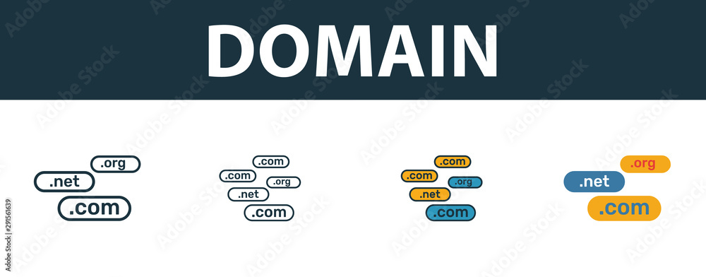 Poster domain icon set. four simple symbols in diferent styles from web hosting icons collection. creative 