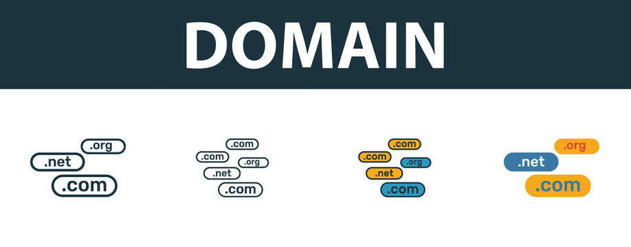Domain icon set. Four simple symbols in diferent styles from web hosting icons collection. Creative domain icons filled, outline, colored and flat symbols