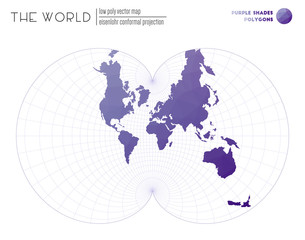 Abstract geometric world map. Eisenlohr conformal projection of the world. Purple Shades colored polygons. Contemporary vector illustration.