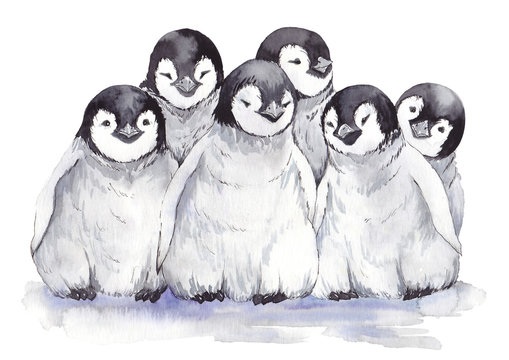 Cute baby penguins. Winter cartoon illustration. Watercolor isolated on white background.