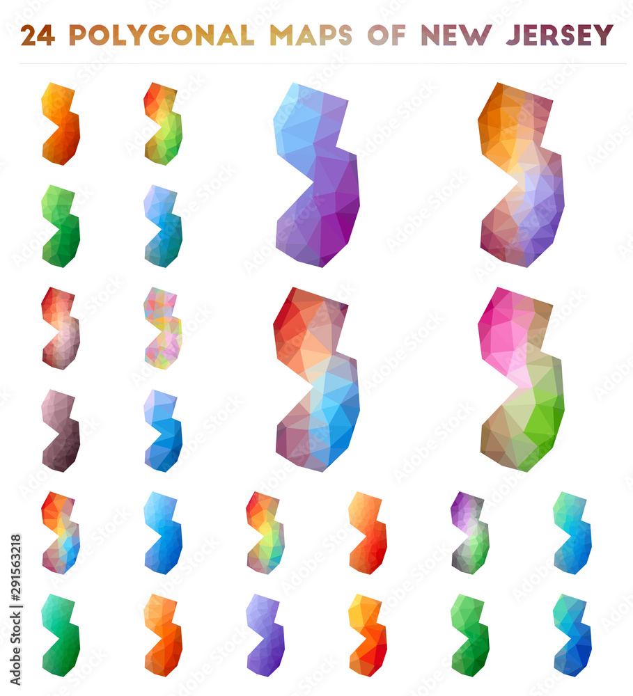 Poster set of vector polygonal maps of new jersey. bright gradient map of us state in low poly style. multi