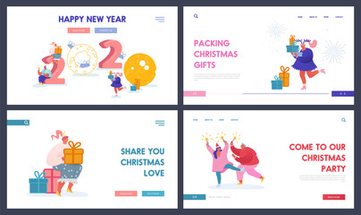 Fototapeta na wymiar Set of Landing pages, Web design, Banner, Mobile for Christmas and Happy New Year party with people characters 2020 year. Men and Women with Gifts, Fireworks Holiday Celebration. Vector illustration