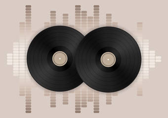 Obraz premium Music concept with vinyl disks and equalizer on a beige background.