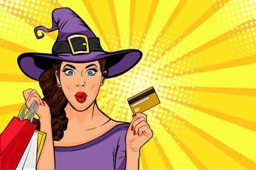 Halloween sale vector illustration. Sexy young girl in witch costume and shopping bags in pop art retro comic style