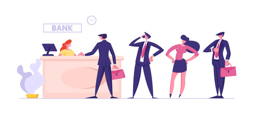 Male and Female Clients Stand in Queue in Bank Waiting Manager or Analyst of Credit Department Appointment. Bank Worker Sitting at Desk Providing Services to Customers Cartoon Flat Vector Illustration