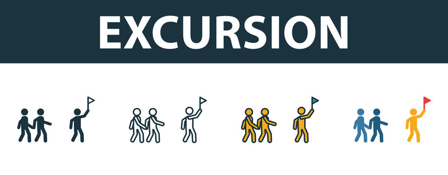 Excursion icon set. Four simple symbols in diferent styles from tourism icons collection. Creative excursion icons filled, outline, colored and flat symbols
