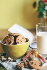 Tasty cookies or biscuits and milk, home comfort