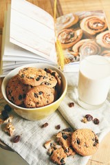 Tasty cookies or biscuits and milk, home comfort