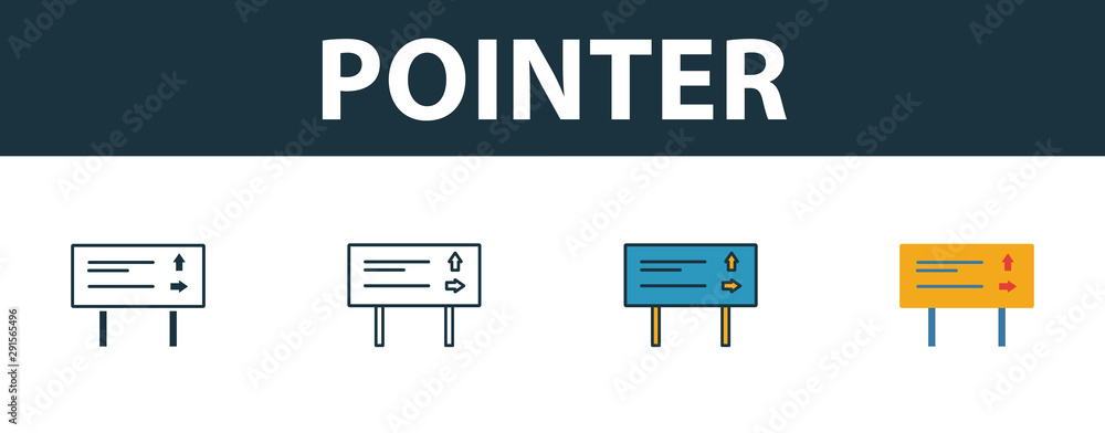 Poster pointer icon set. four simple symbols in diferent styles from tourism icons collection. creative poi
