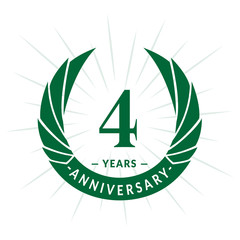 4th years anniversary celebration design. Four years logotype. Green vector and illustration.