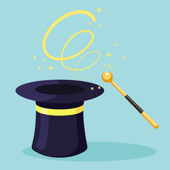 Magic wand with gold ball, black hat isolated on background. Mystery entertainment concept. Vector flat design
