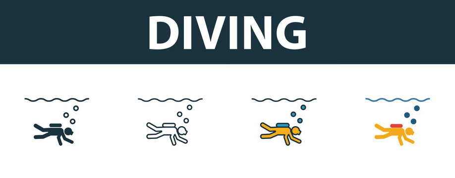 Diving icon set. Four simple symbols in diferent styles from tourism icons collection. Creative diving icons filled, outline, colored and flat symbols