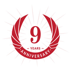 9th years anniversary celebration design. Nine years logotype. Red vector and illustration.