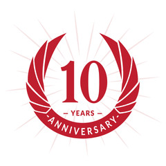 10th years anniversary celebration design. Ten years logotype. Red vector and illustration.