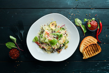 Zucchini and chicken fillet vegetable salad. Food. Top view. Free space for your text.