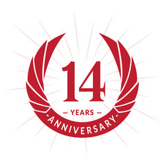 14th years anniversary celebration design. Fourteen years logotype. Red vector and illustration.