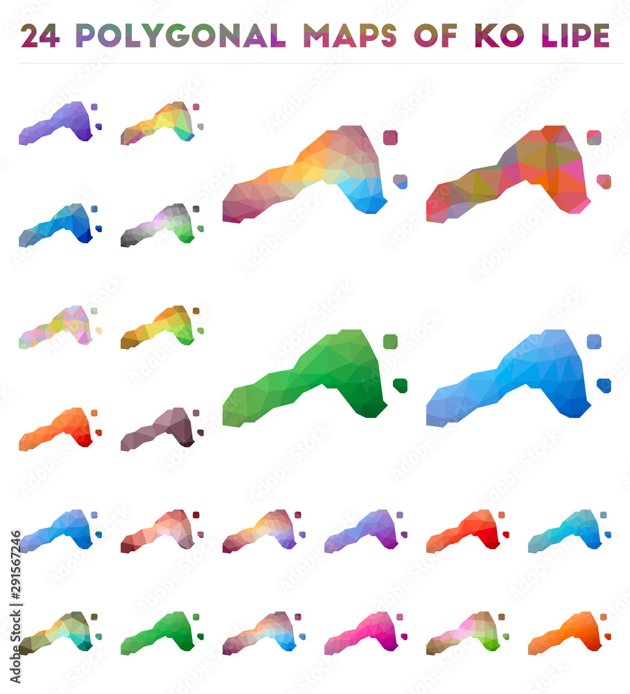 Poster Set of vector polygonal maps of Ko Lipe. Bright gradient map of island in low poly style. Multicolored Ko Lipe map in geometric style for your infographics.