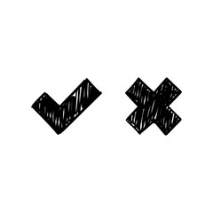 Hand drawn check mark icons. Tick and x cross doodles