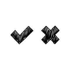 Tick and cross, checkmark doodle icons. Approved and rejected symbols.